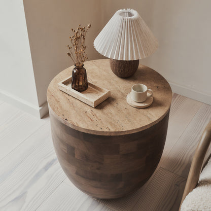 Lyra - Beige Travertine Round Warm Wood Premium Side Table