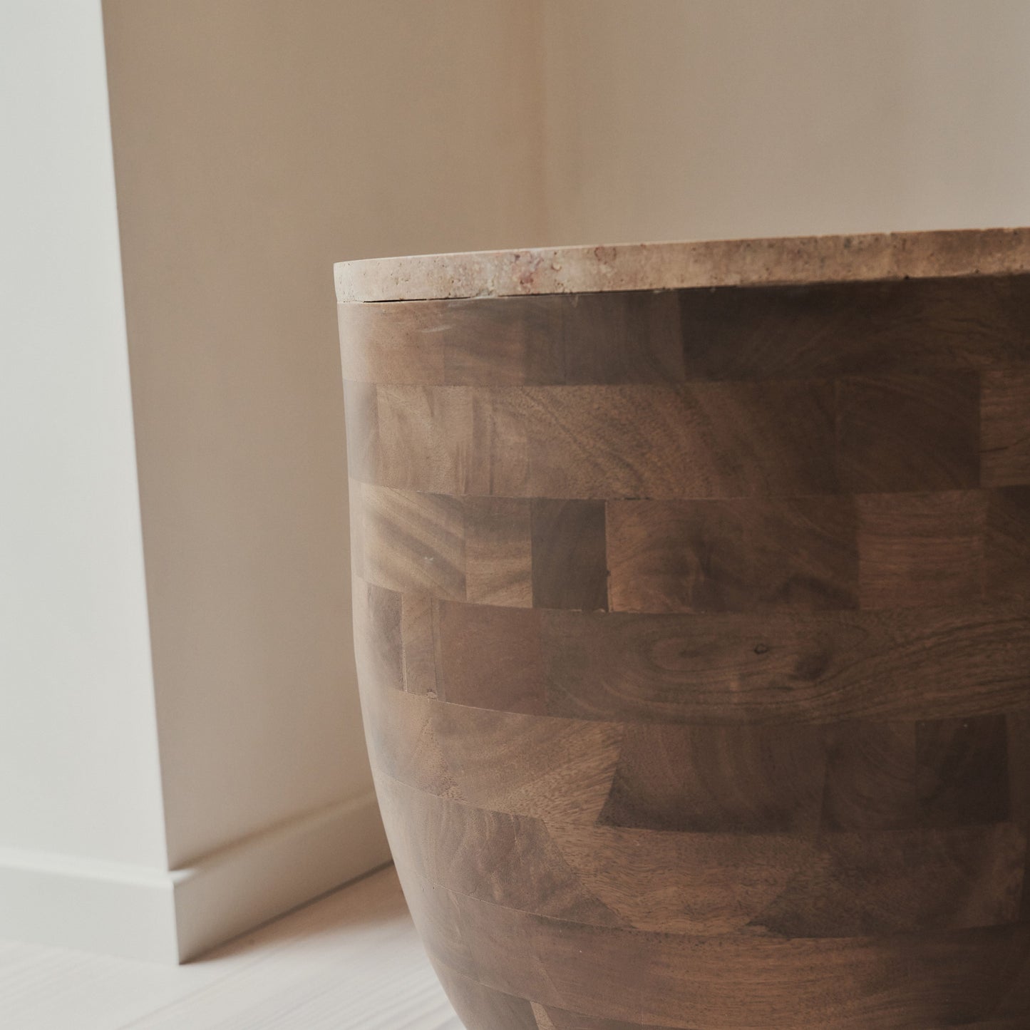 Lyra - Beige Travertine Round Warm Wood Premium Side Table