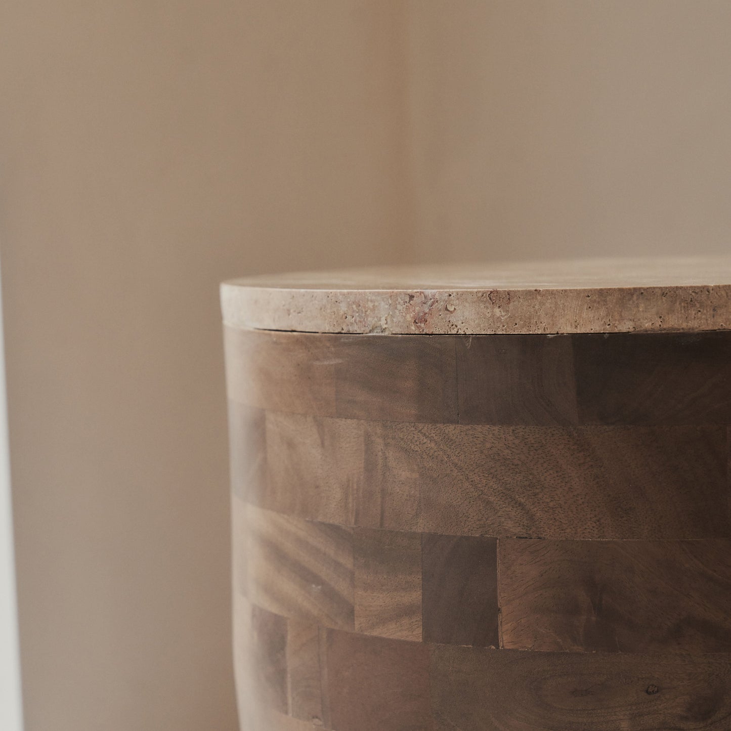 Lyra - Beige Travertine Round Warm Wood Premium Side Table