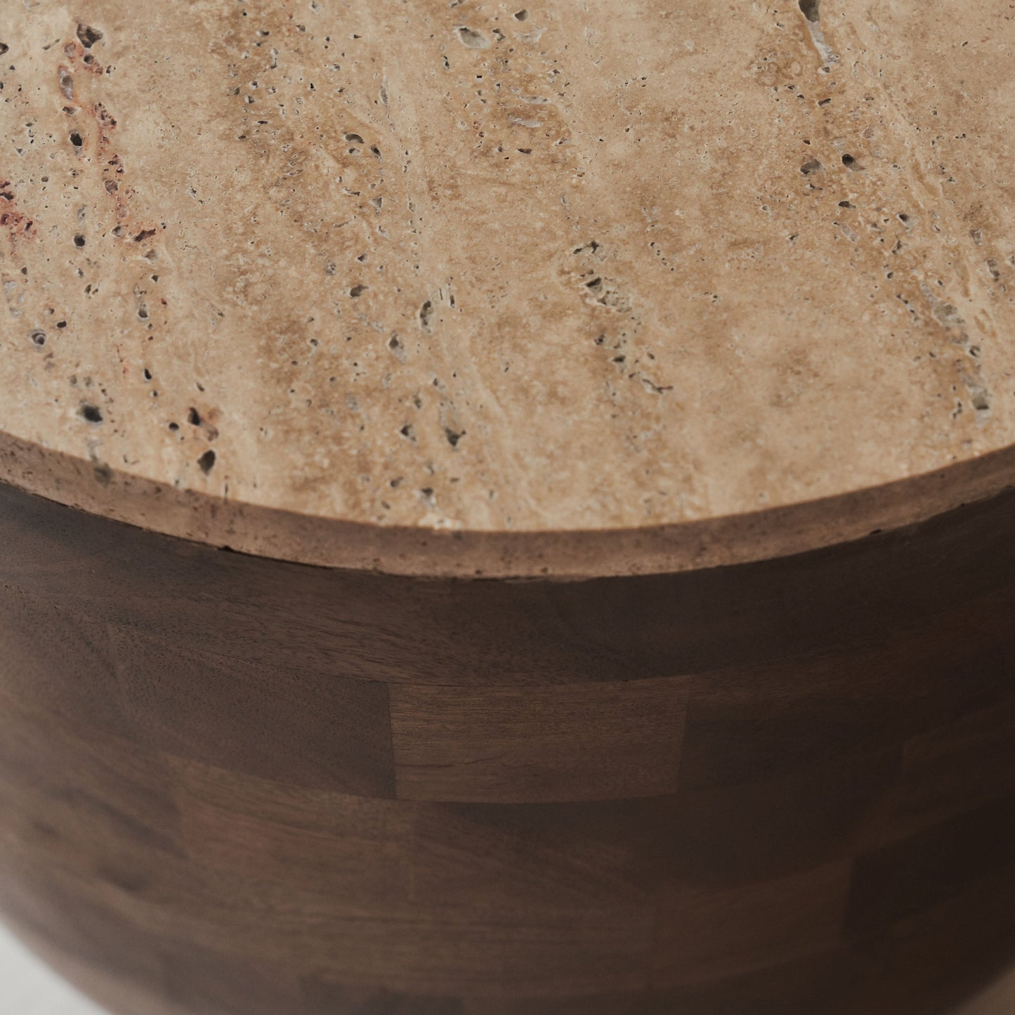 Lyra - Beige Travertine Round Warm Wood Premium Side Table