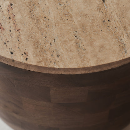 Lyra - Beige Travertine Round Warm Wood Premium Side Table