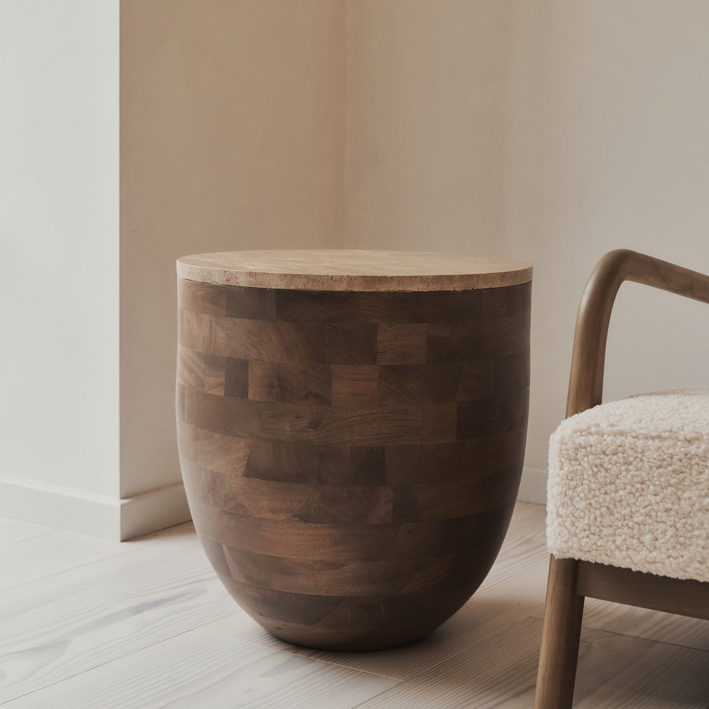 Lyra - Beige Travertine Round Warm Wood Premium Side Table