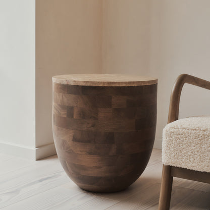 Lyra - Beige Travertine Round Warm Wood Premium Side Table