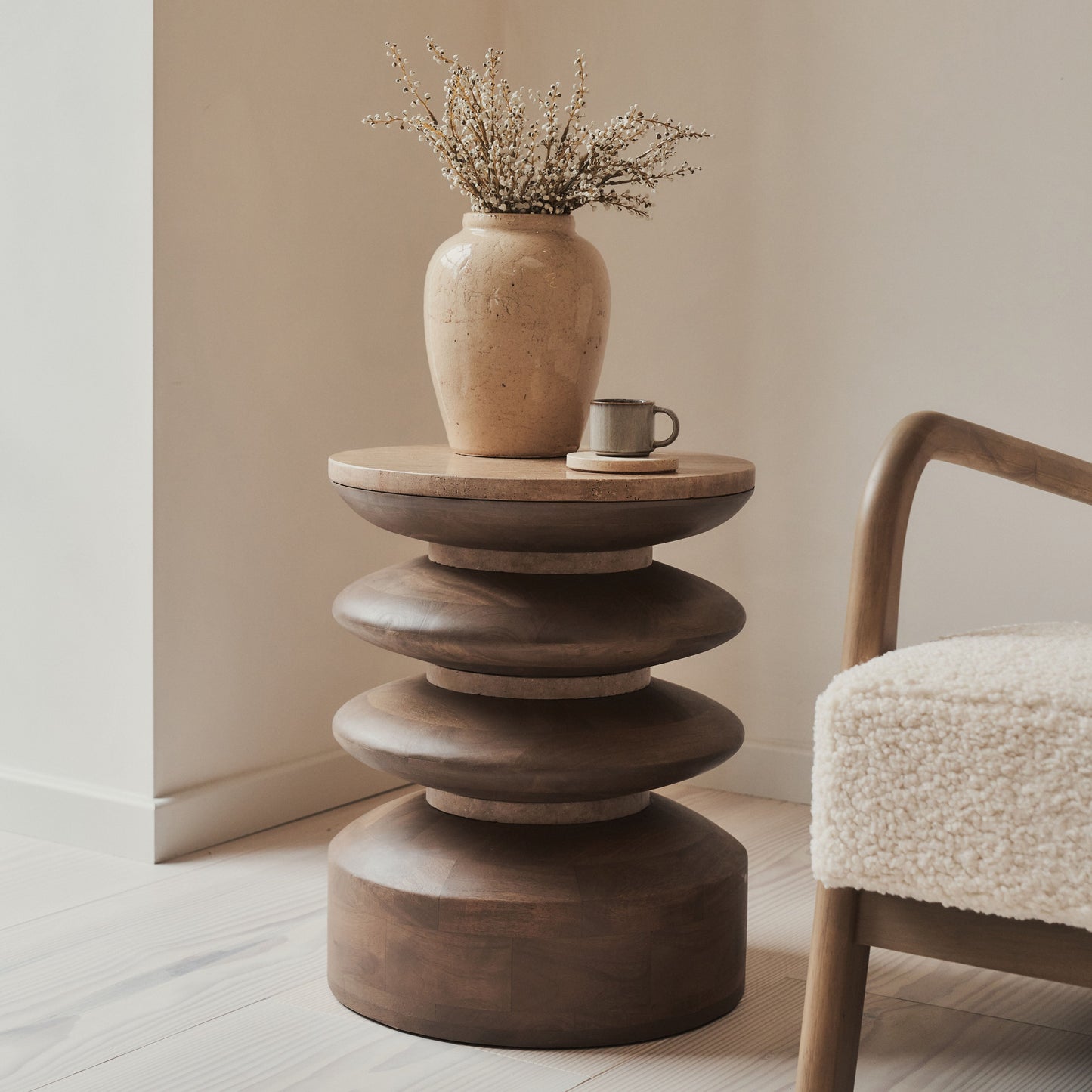 Orinthia - Beige Travertine Round Warm Wood Premium Side Table