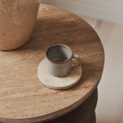 Orinthia - Beige Travertine Round Warm Wood Premium Side Table