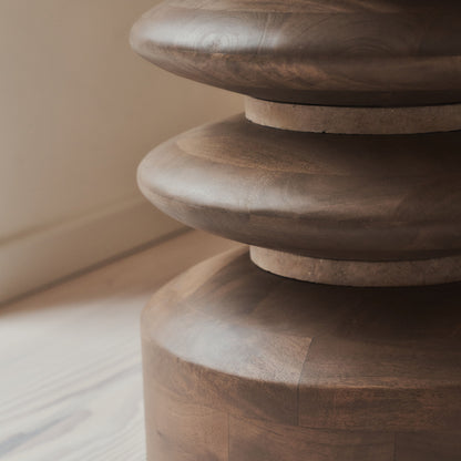 Orinthia - Beige Travertine Round Warm Wood Premium Side Table