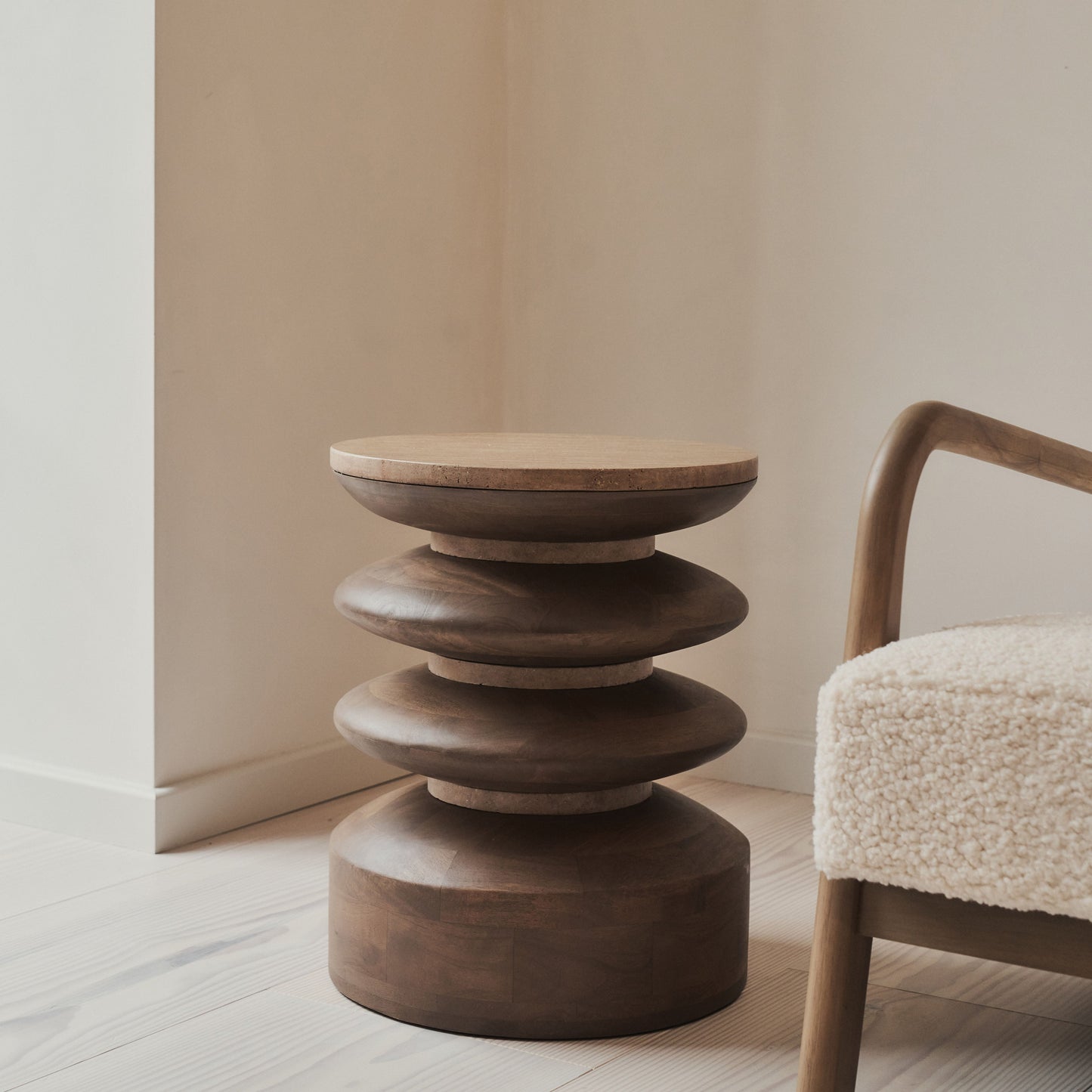 Orinthia - Beige Travertine Round Warm Wood Premium Side Table