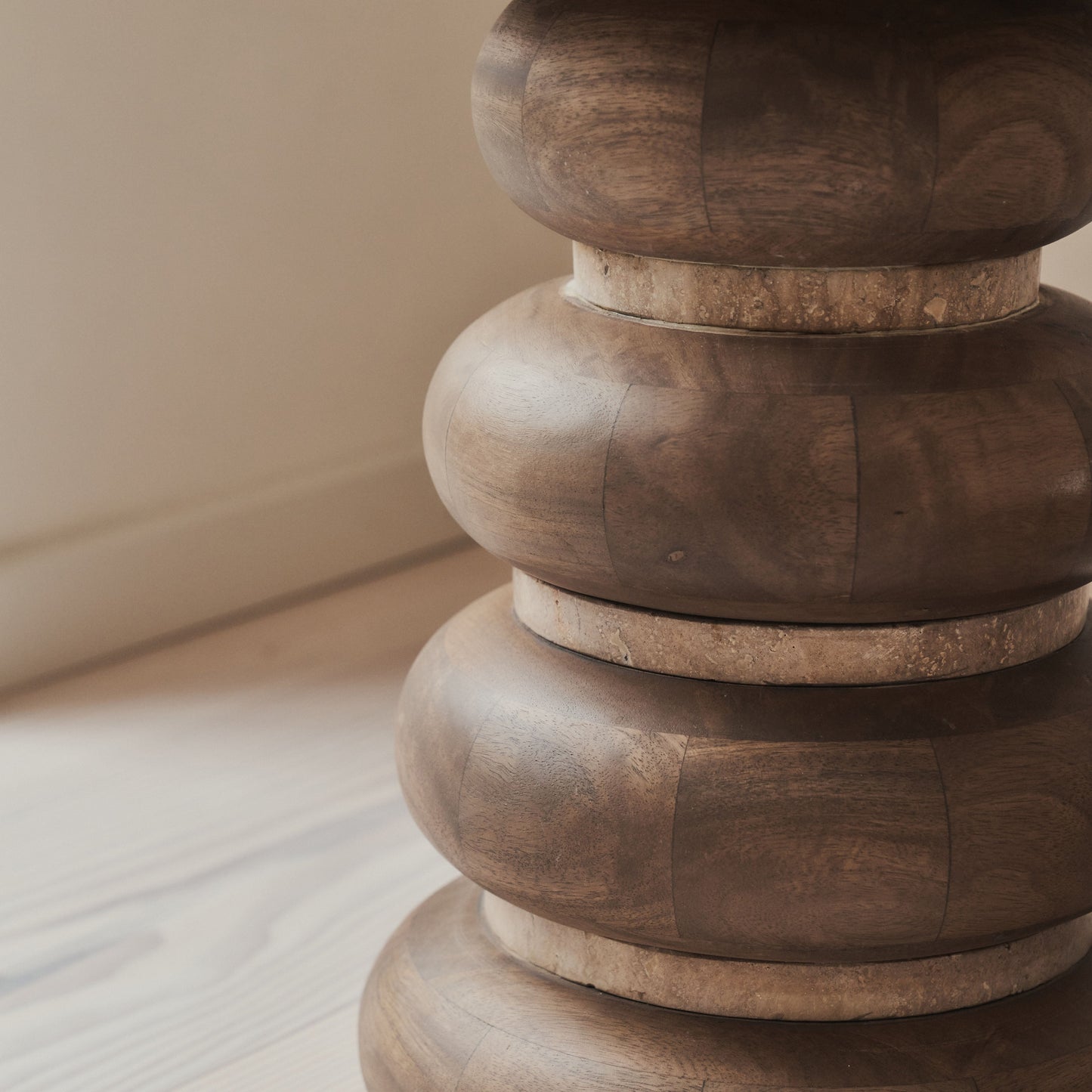 Belgravia - Beige Travertine Round Warm Wood Premium Side Table