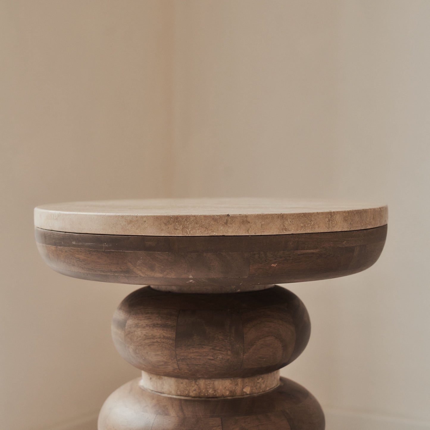 Belgravia - Beige Travertine Round Warm Wood Premium Side Table