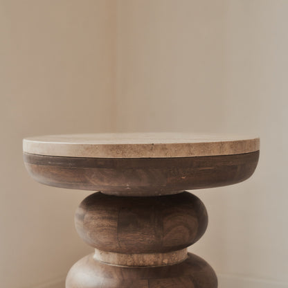 Belgravia - Beige Travertine Round Warm Wood Premium Side Table