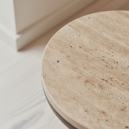 Belgravia - Beige Travertine Round Warm Wood Premium Side Table