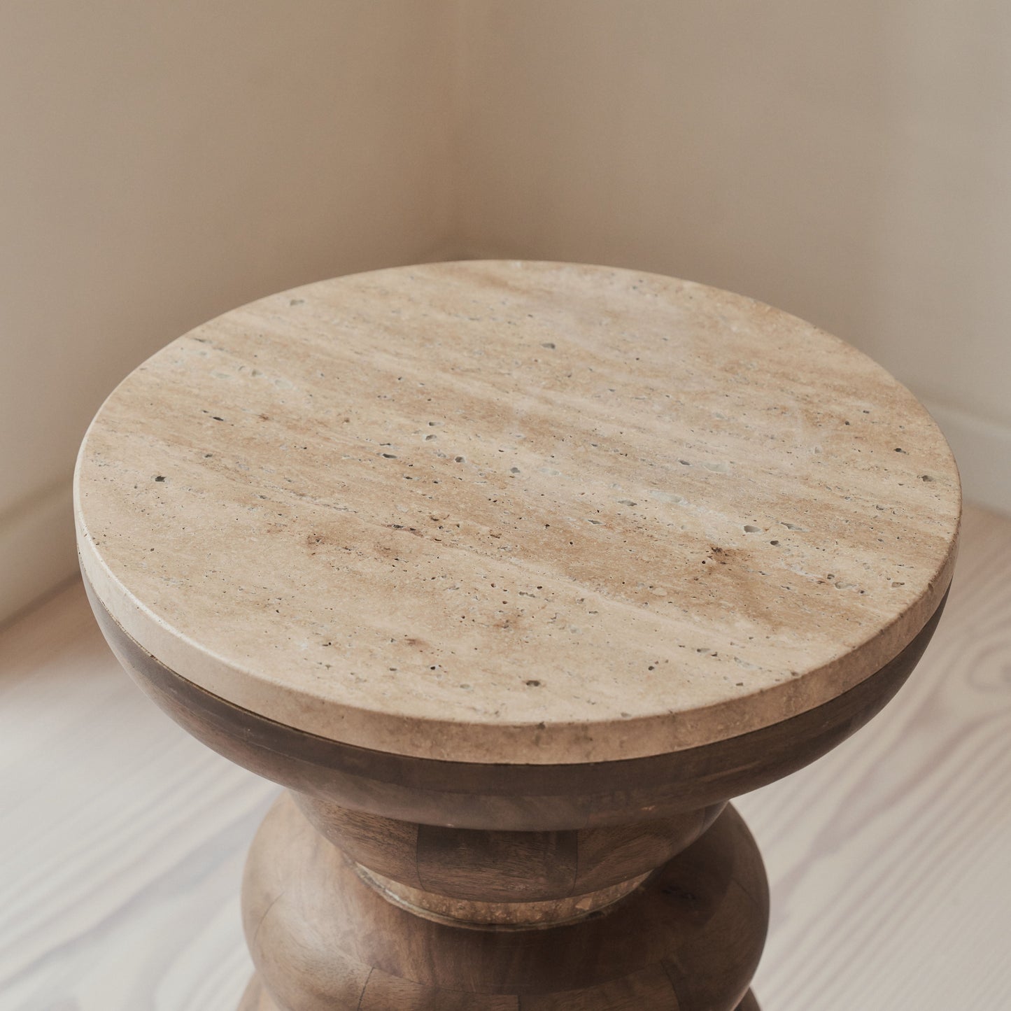 Belgravia - Beige Travertine Round Warm Wood Premium Side Table