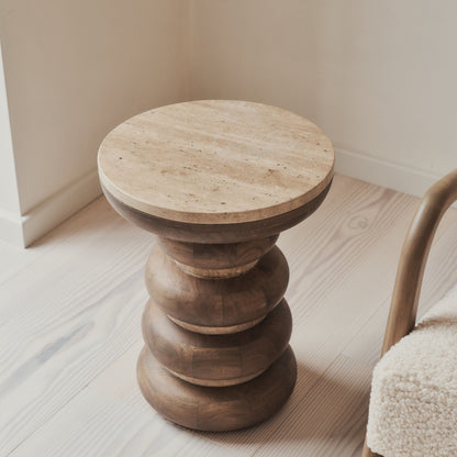 Belgravia - Beige Travertine Round Warm Wood Premium Side Table