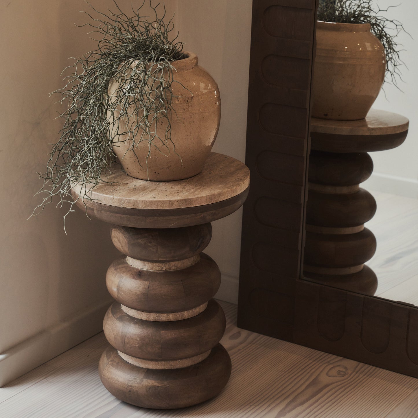 Belgravia - Beige Travertine Round Warm Wood Premium Side Table