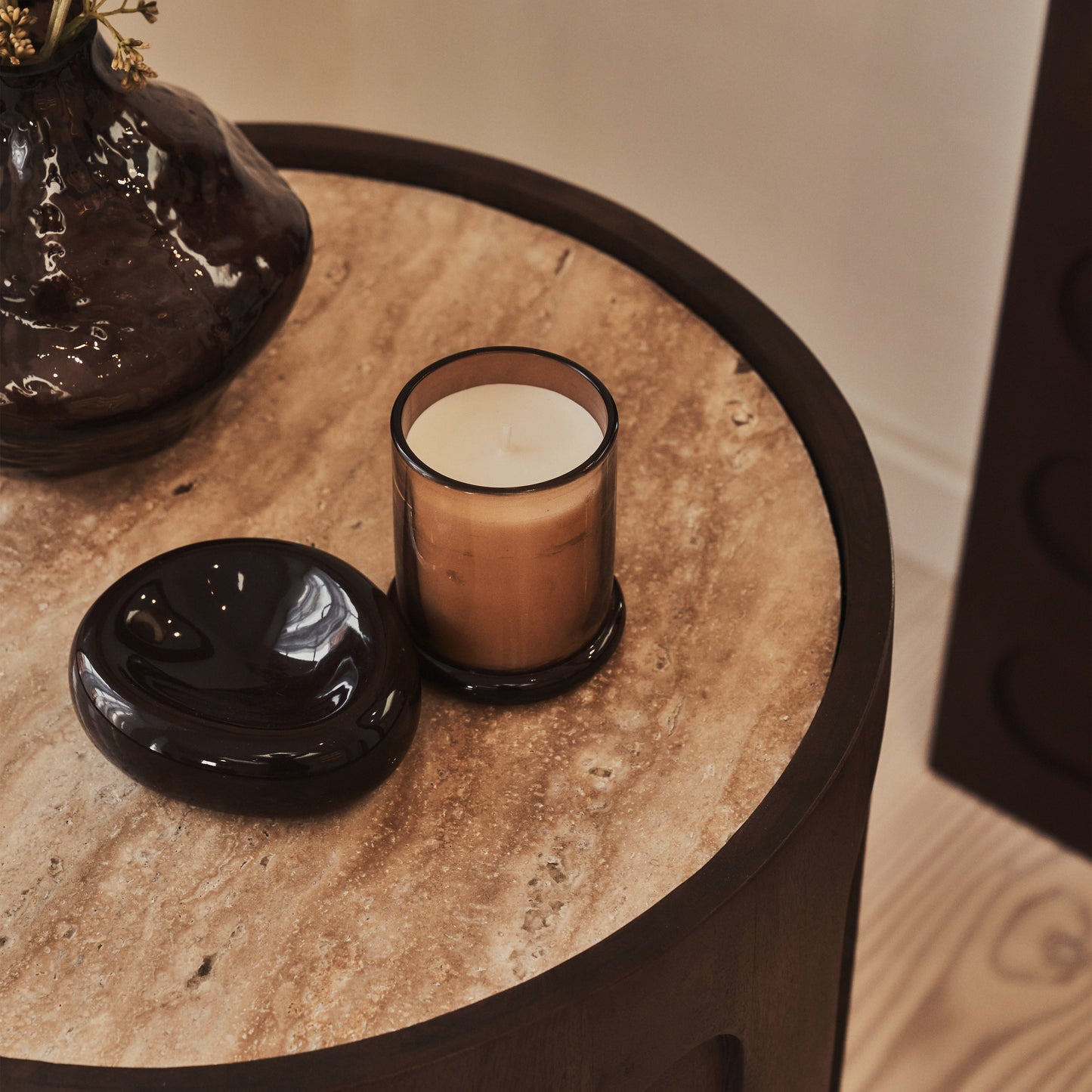 Valor - Beige Travertine Round Dark Wood Premium Side Table