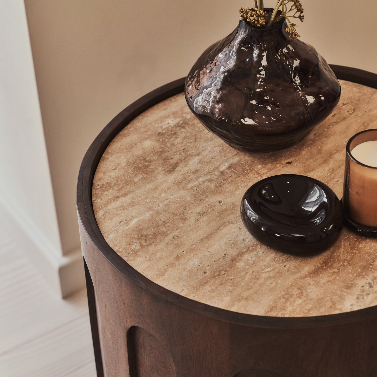 Valor - Beige Travertine Round Dark Wood Premium Side Table