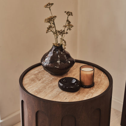 Valor - Beige Travertine Round Dark Wood Premium Side Table