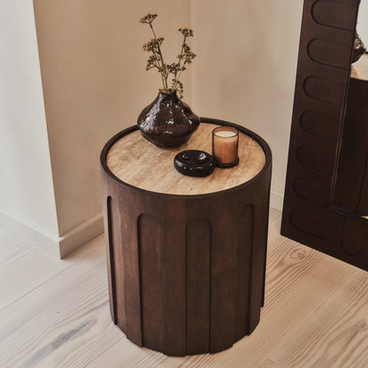 Valor - Beige Travertine Round Dark Wood Premium Side Table
