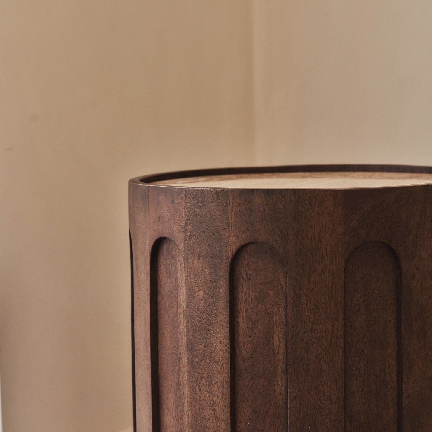 Valor - Beige Travertine Round Dark Wood Premium Side Table