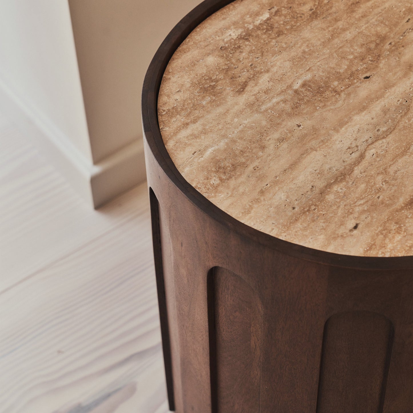 Valor - Beige Travertine Round Dark Wood Premium Side Table