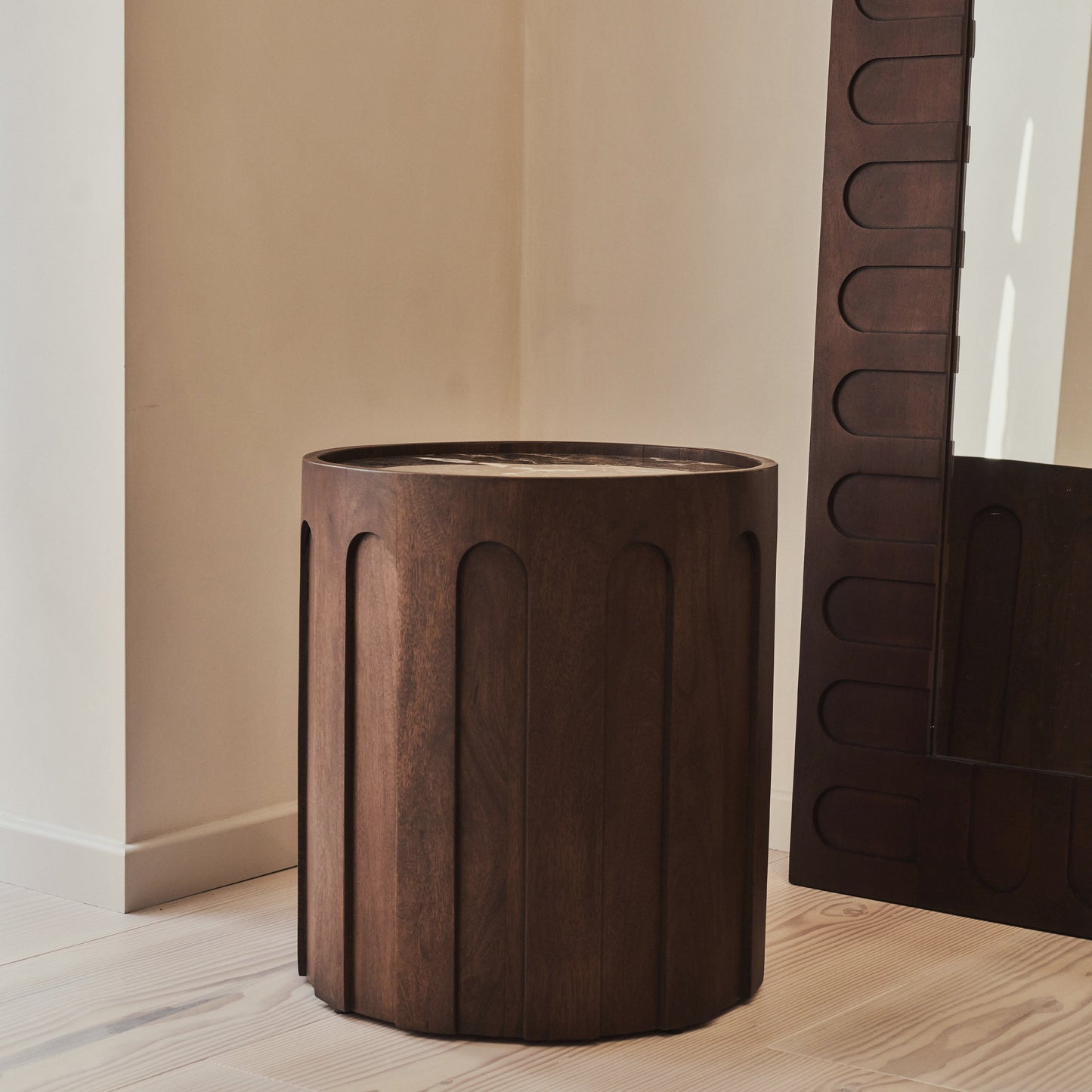 Valor - Beige Travertine Round Dark Wood Premium Side Table