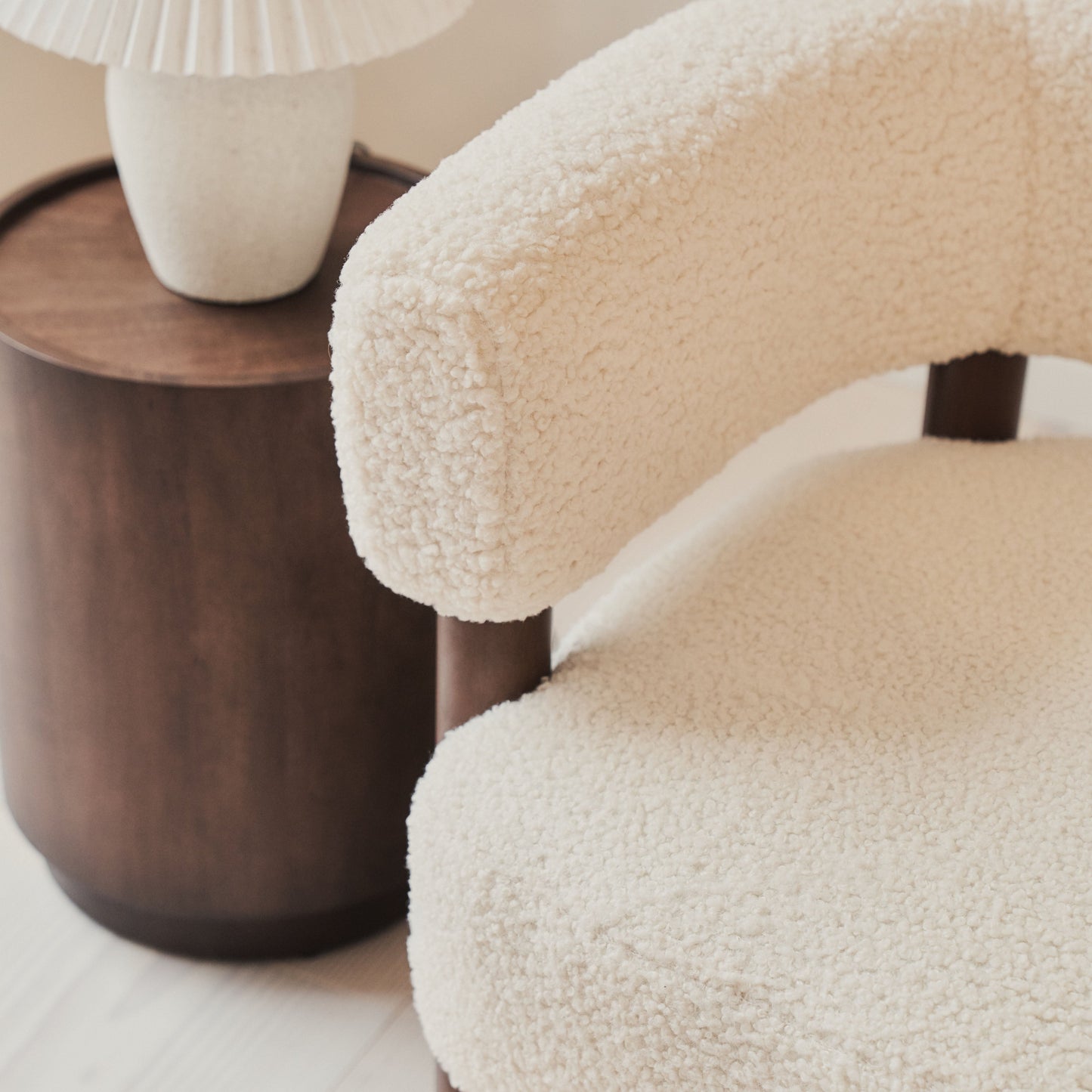 Cara - Boucle Accent Chair Ivory & Dark Wood