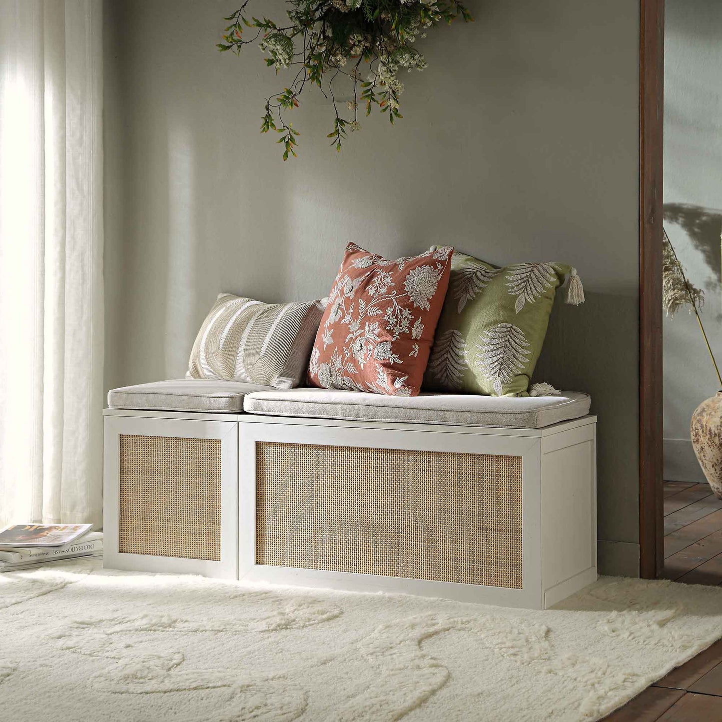 Frances Woven Rattan Triple Storage Stool Set with Cushion, White