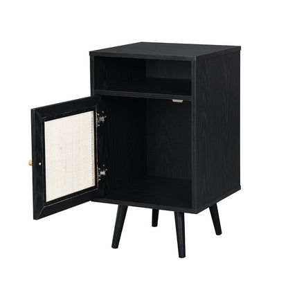 Frances Woven Rattan 1-Door Bedside Table in Black Colour
