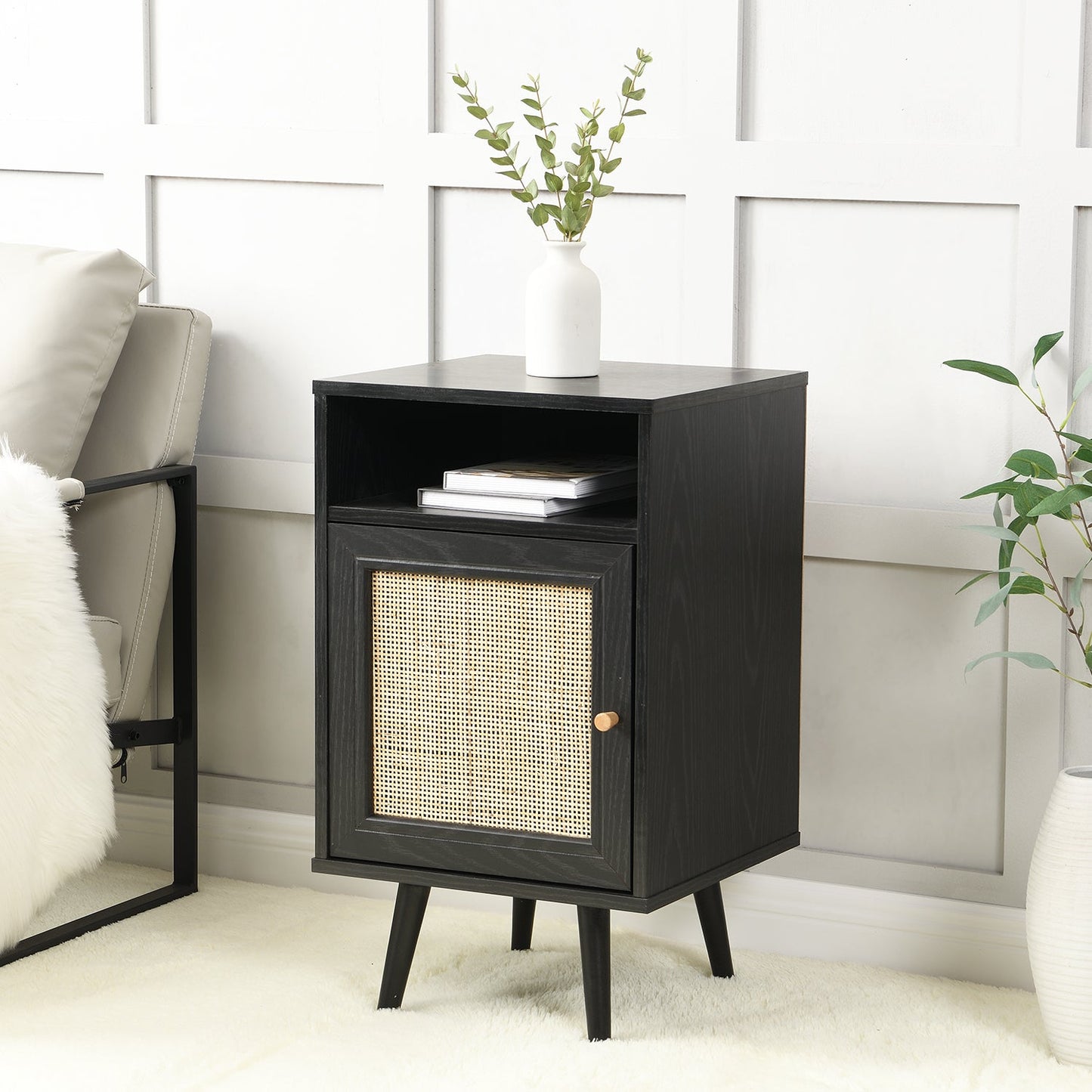 Frances Woven Rattan 1-Door Bedside Table in Black Colour
