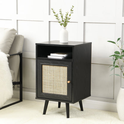 Frances Woven Rattan 1-Door Bedside Table in Black Colour