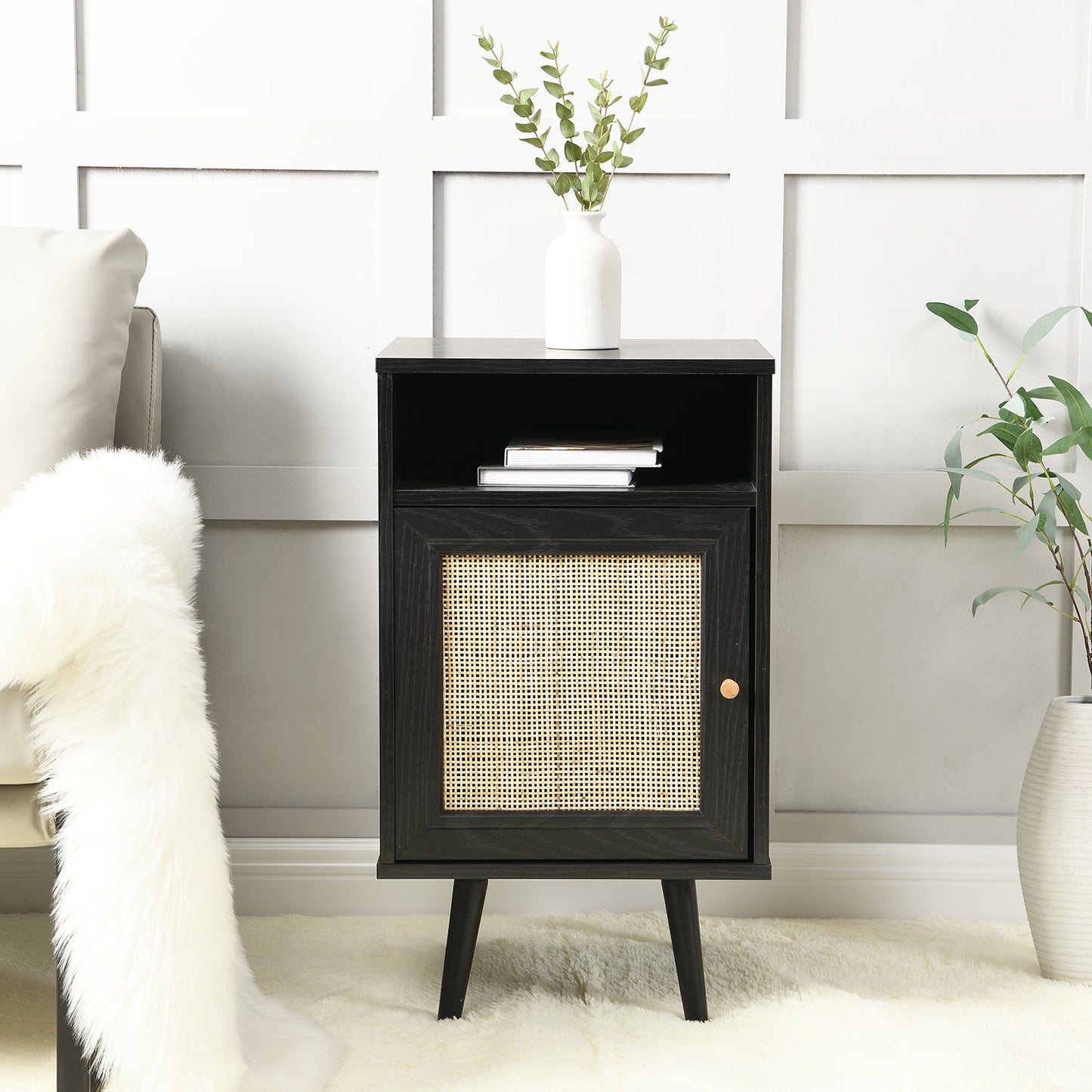 Frances Woven Rattan 1-Door Bedside Table in Black Colour
