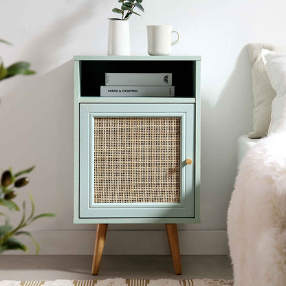 Frances Woven Rattan 1-Door Bedside Table in Mint