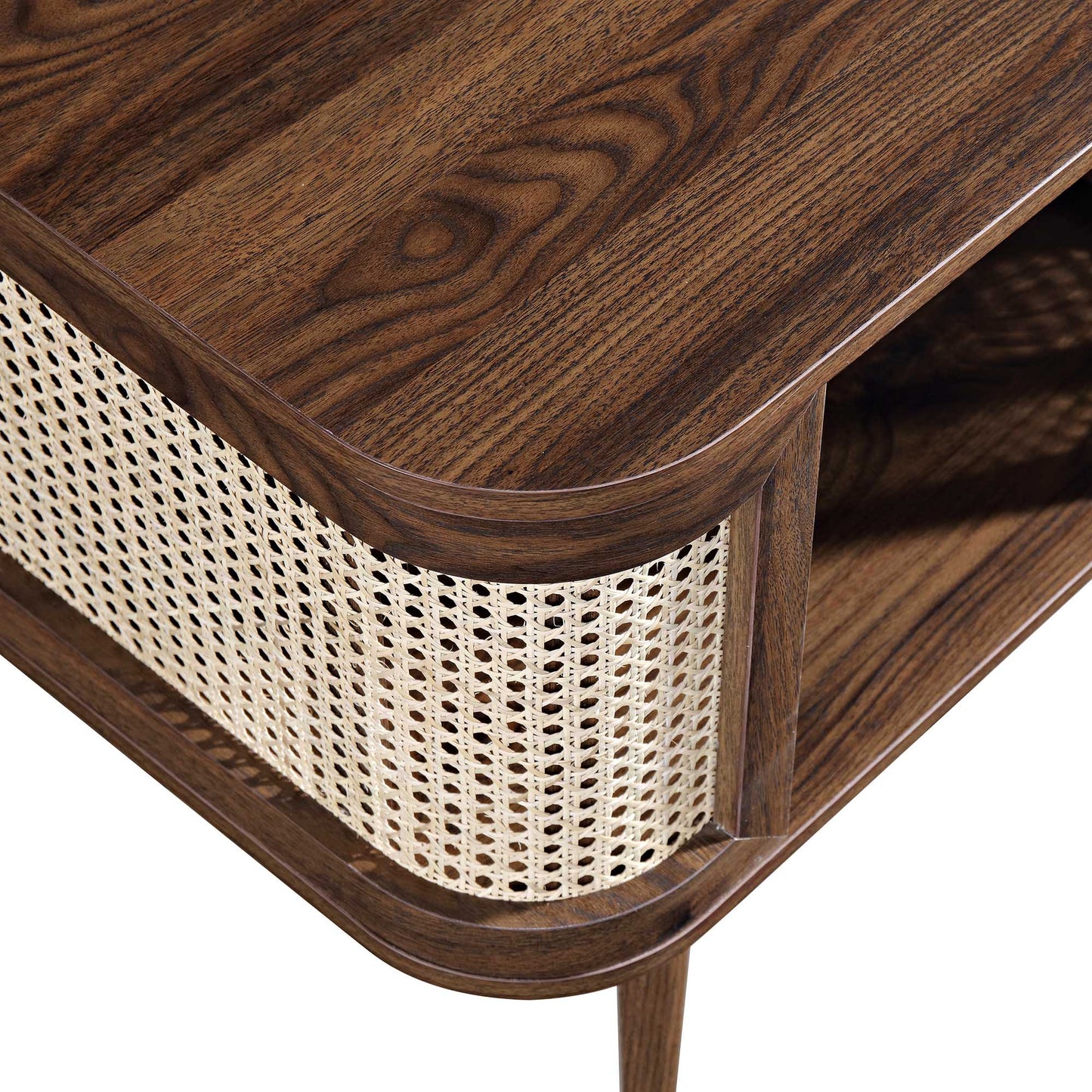 Izzy Curved Rattan Bedside Table, Walnut