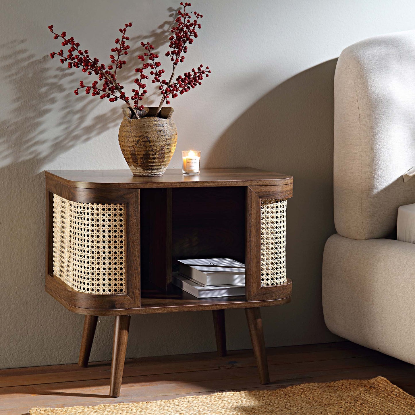 Izzy Curved Rattan Bedside Table, Walnut