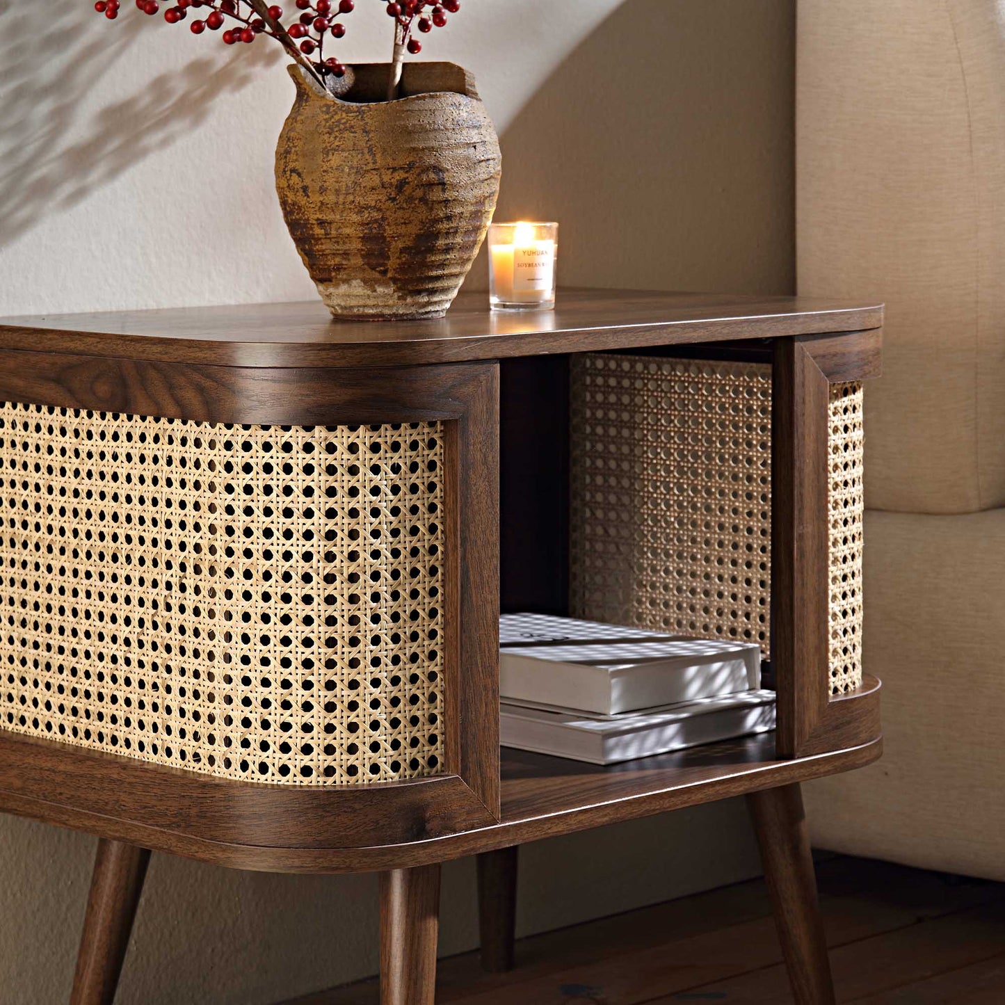 Izzy Curved Rattan Bedside Table, Walnut