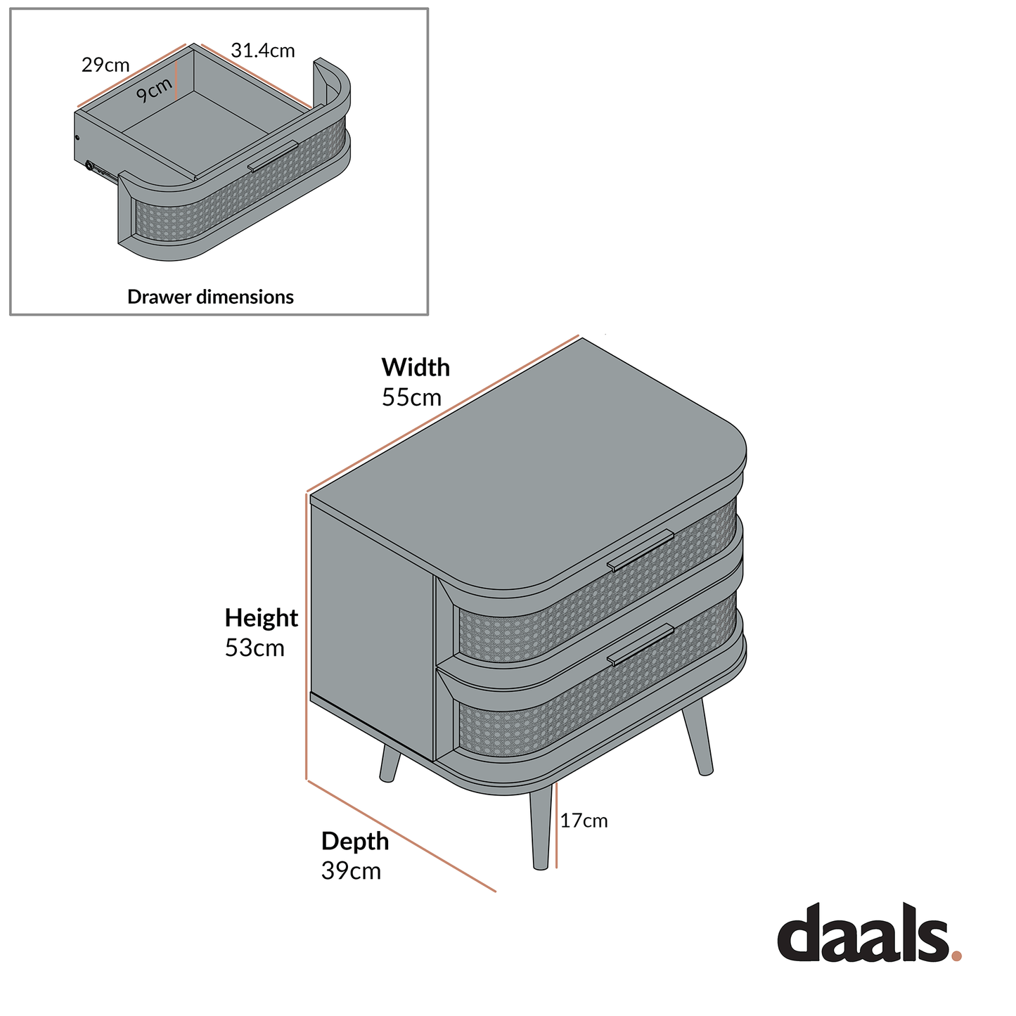 Izzy Curved Rattan 2-Drawer Bedside Table, Walnut