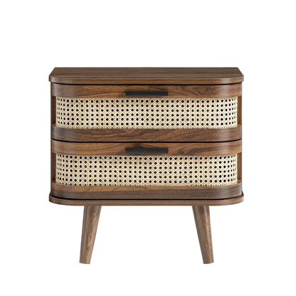 Izzy Curved Rattan 2-Drawer Bedside Table, Walnut