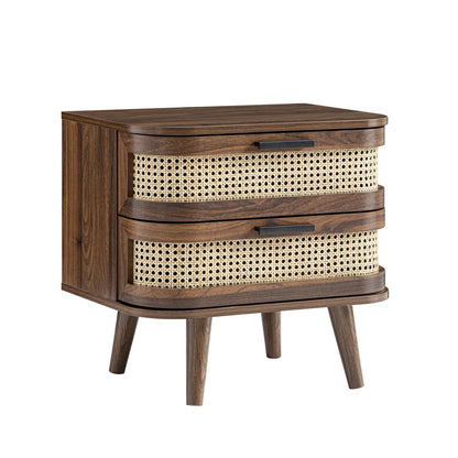 Izzy Curved Rattan 2-Drawer Bedside Table, Walnut