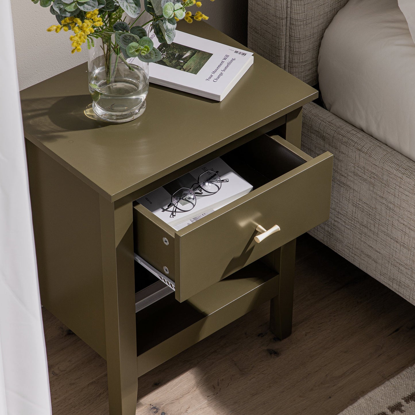 Oakham 1-Drawer Bedside Table, Olive Grove