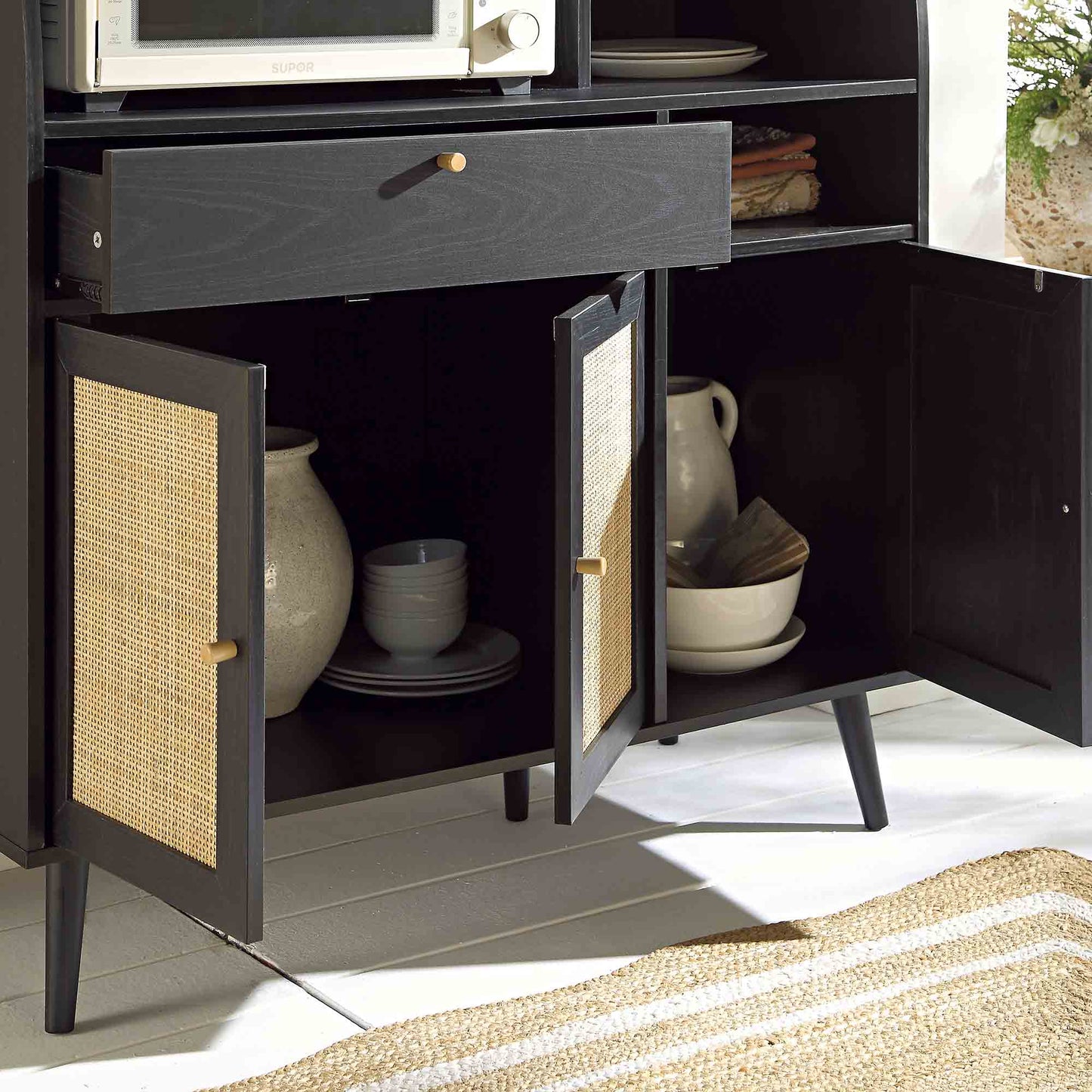 Frances Woven Rattan Kitchen Cabinet, Black