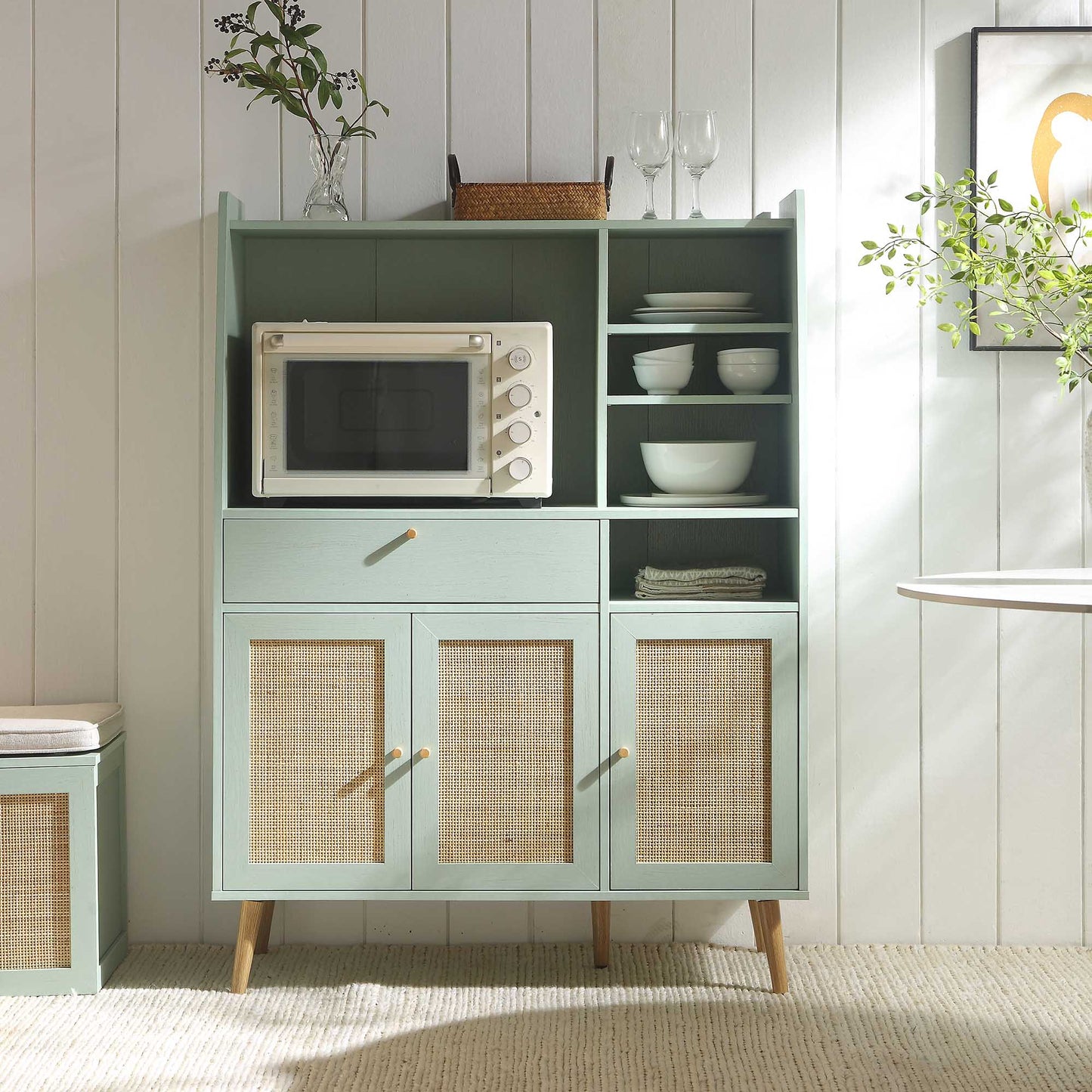 Frances Woven Rattan Kitchen Cabinet, Mint