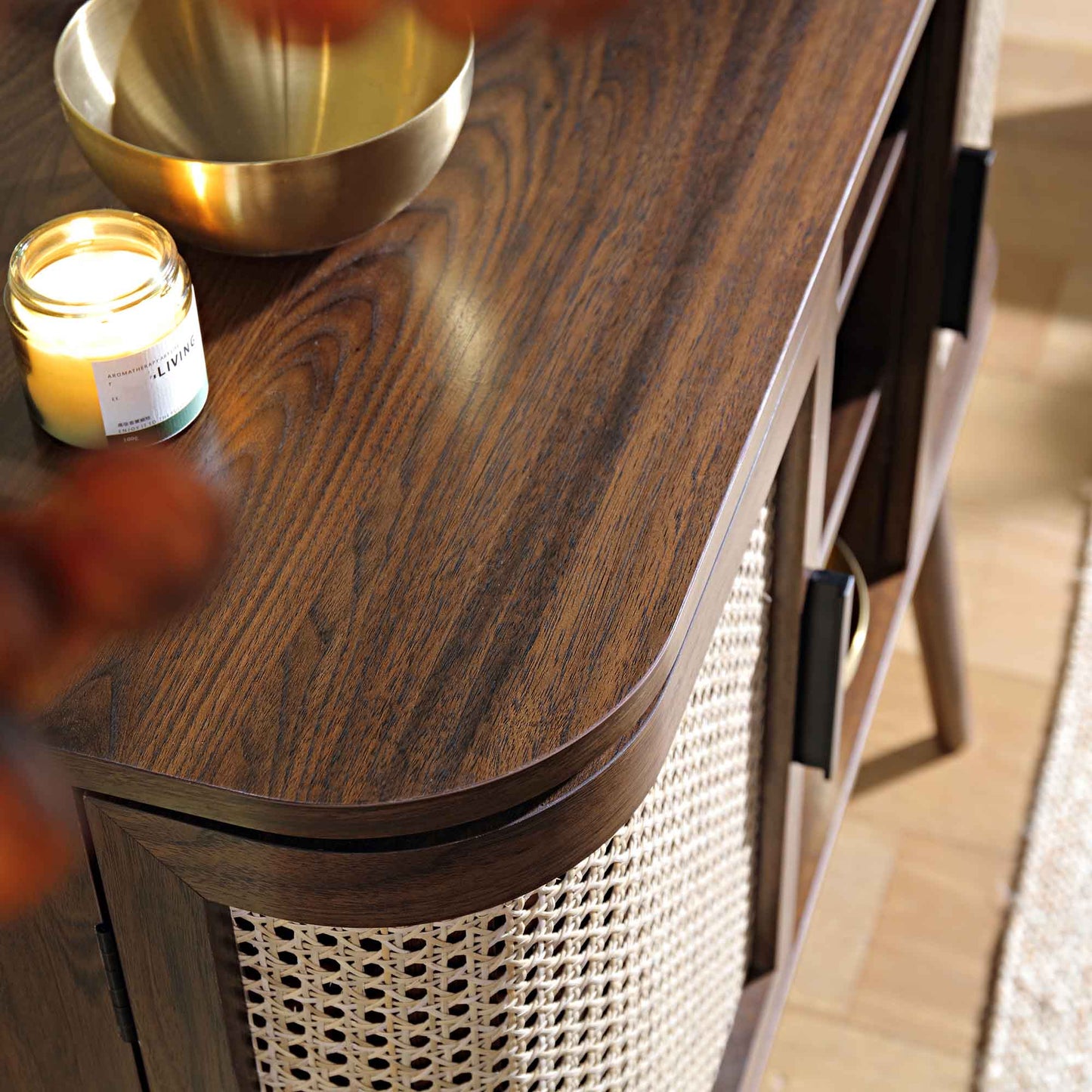 Izzy Curved Rattan 2-Door Buffet Sideboard, Walnut