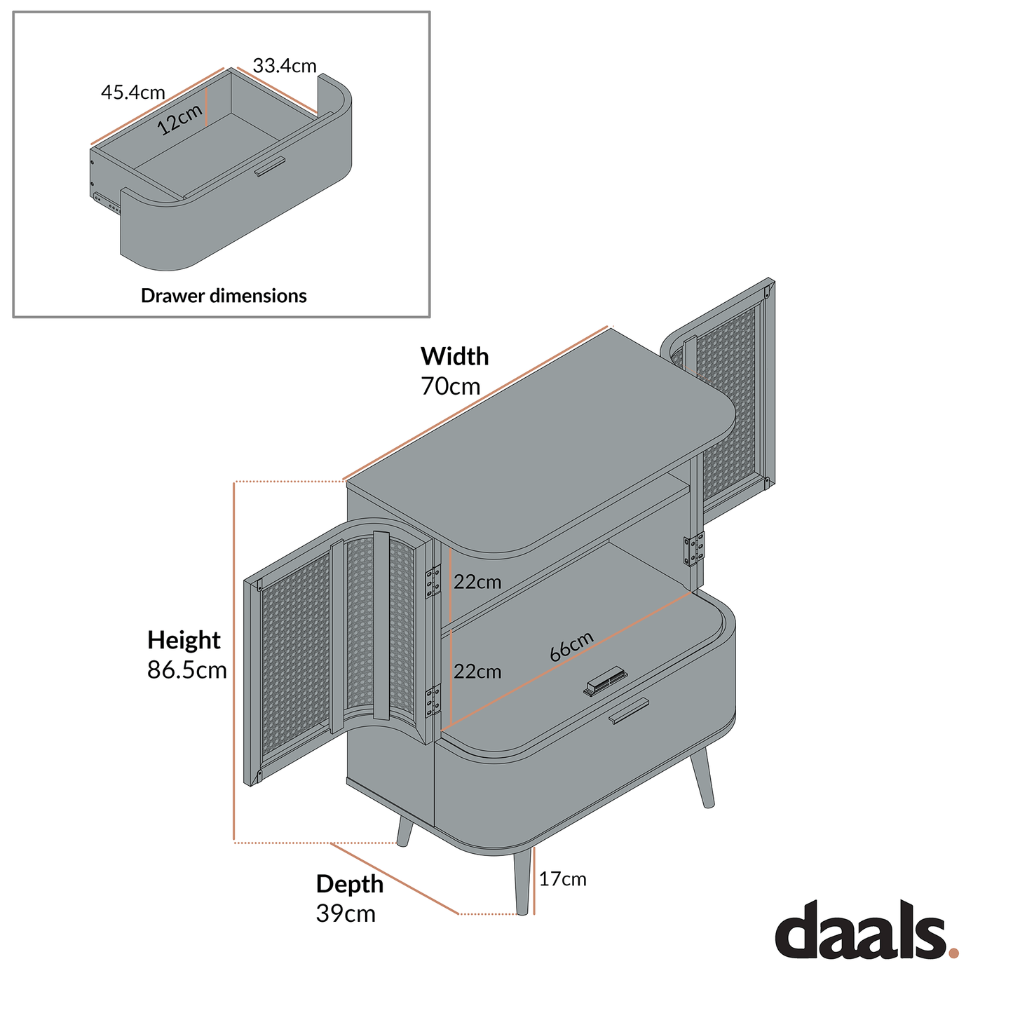 Izzy Curved Rattan 1-Drawer Small Sideboard, White