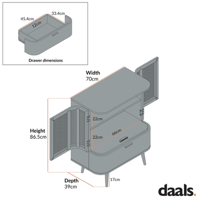 Izzy Curved Rattan 1-Drawer Small Sideboard, White