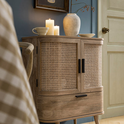 Izzy Curved Rattan 1-Drawer Small Sideboard, Natural