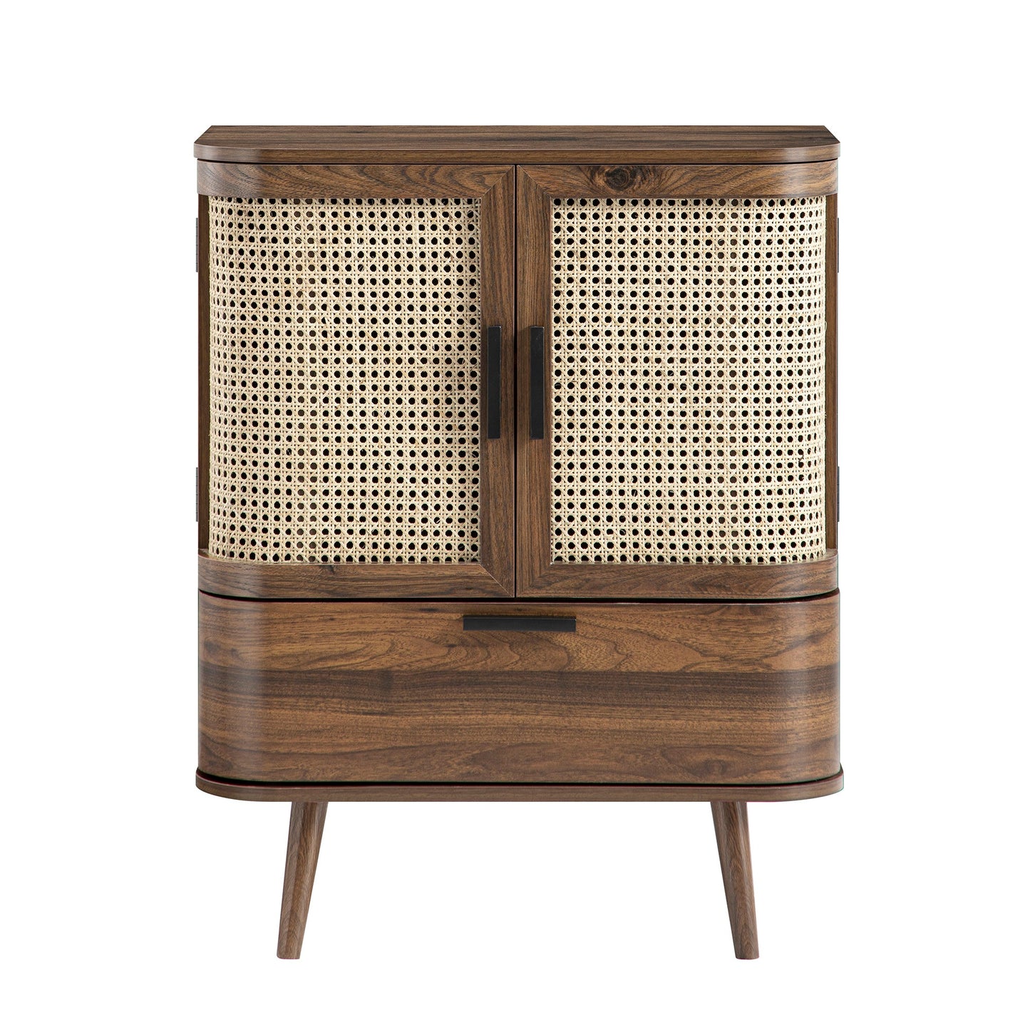 Izzy Curved Rattan 1-Drawer Small Sideboard, Walnut