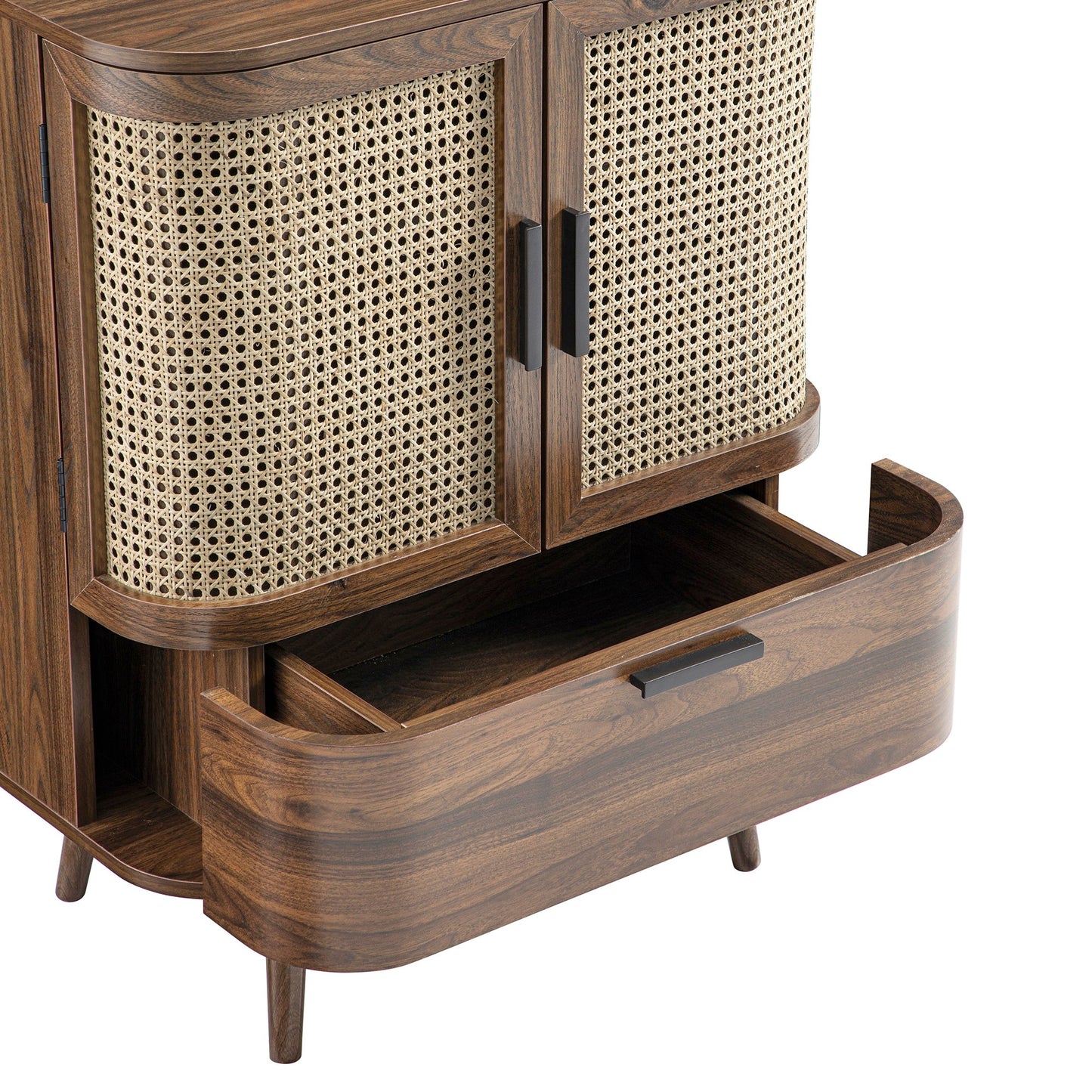 Izzy Curved Rattan 1-Drawer Small Sideboard, Walnut