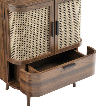 Izzy Curved Rattan 1-Drawer Small Sideboard, Walnut