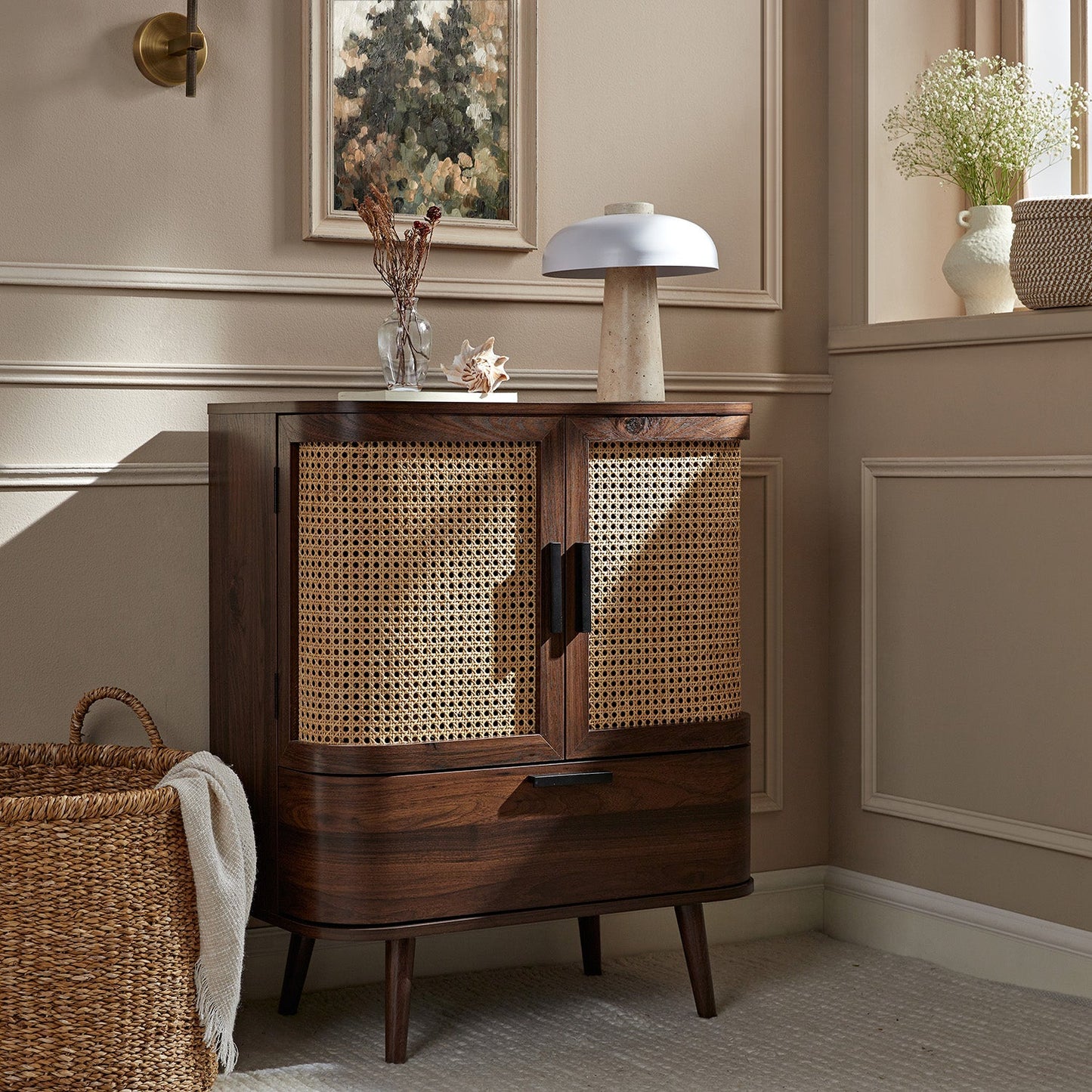 Izzy Curved Rattan 1-Drawer Small Sideboard, Walnut