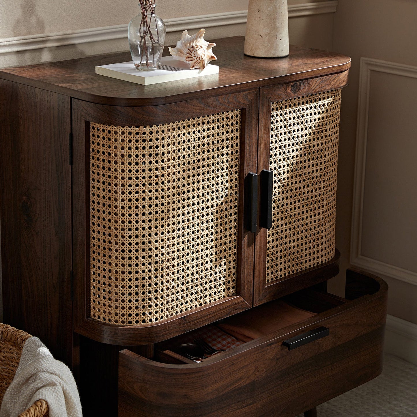 Izzy Curved Rattan 1-Drawer Small Sideboard, Walnut